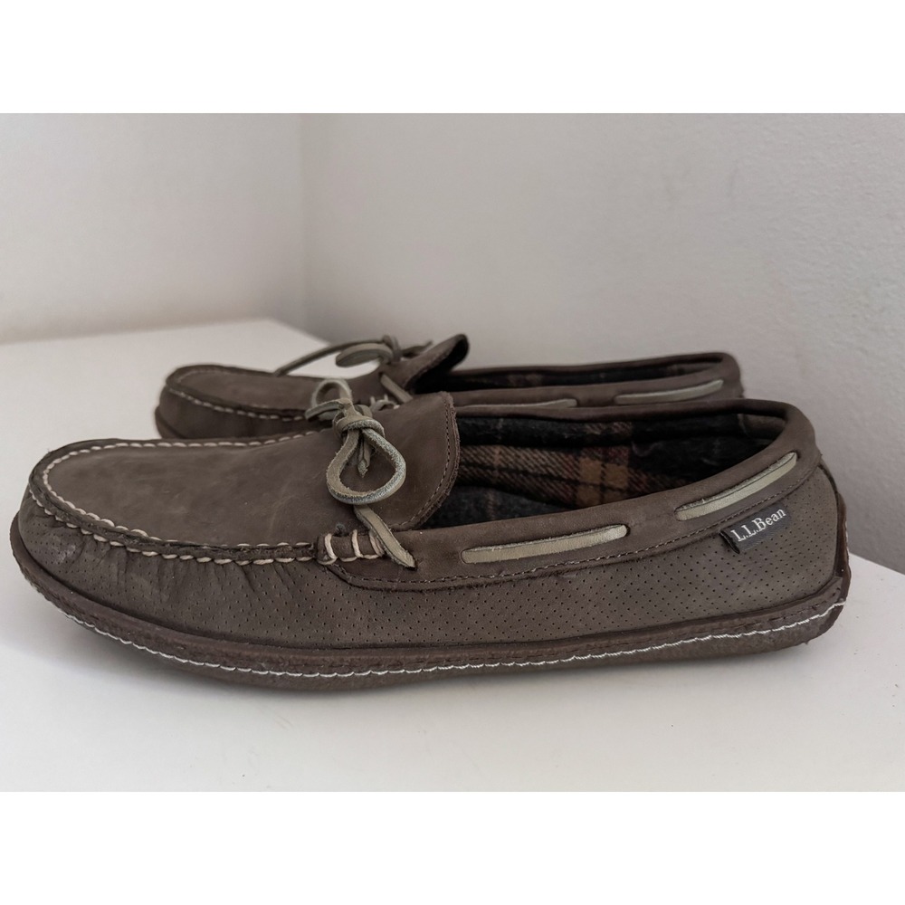 LL Bean Mens Handsewn Flannel Lined Leather Slippers Graphite Plaid Moccasins